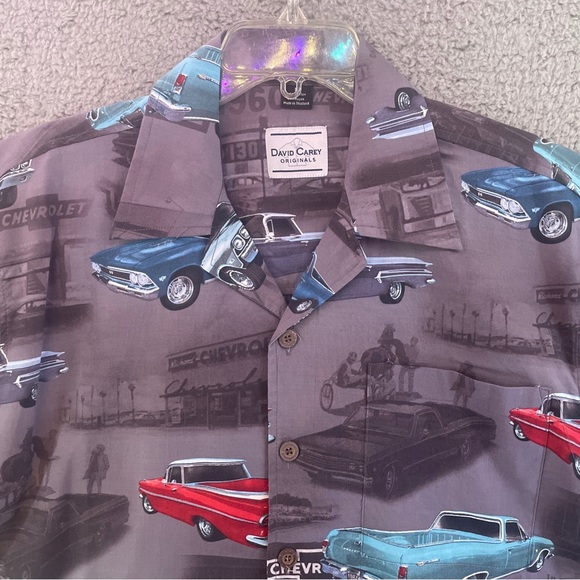 David Carey Button Up Shirt Sz M Gray Short Sleeve Chevrolet All Over Print Mens - Picture 3 of 9